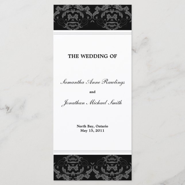 Damask Wedding Program- Black & White Wedding Program (Front)