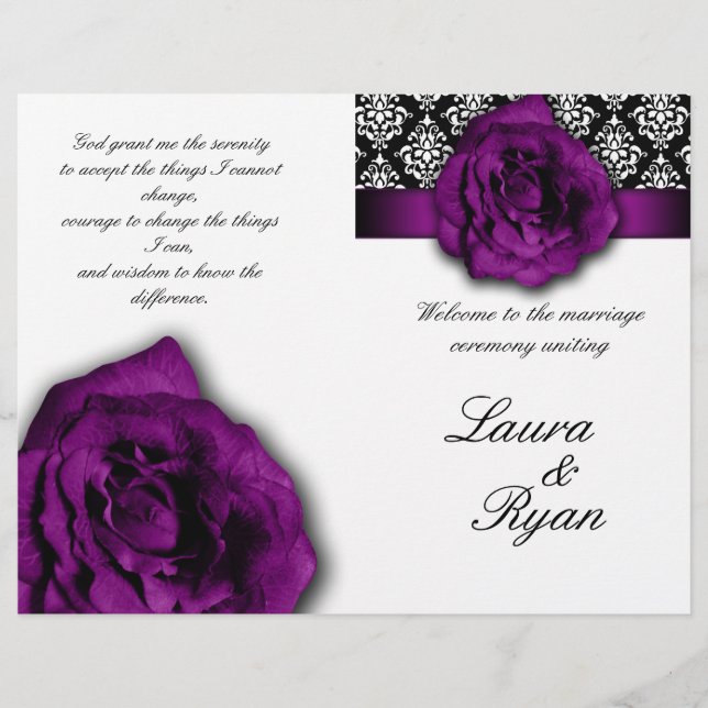 Damask Wedding Program Flyer Purple Rose 2 (Front)