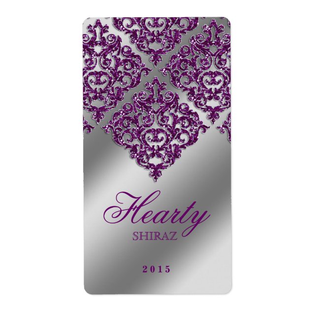 Damask Wedding Wine Label Sparkle Purple Silver (Front)