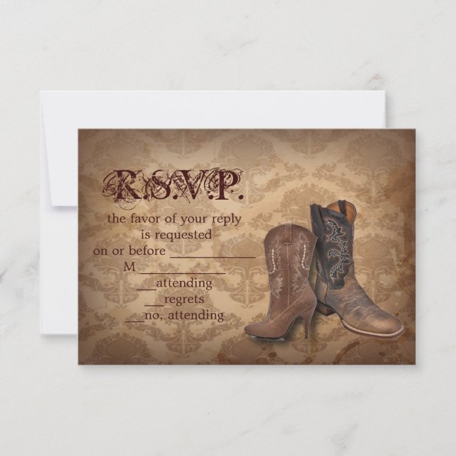 damask Western Cowboy wedding RSVP response (Front)