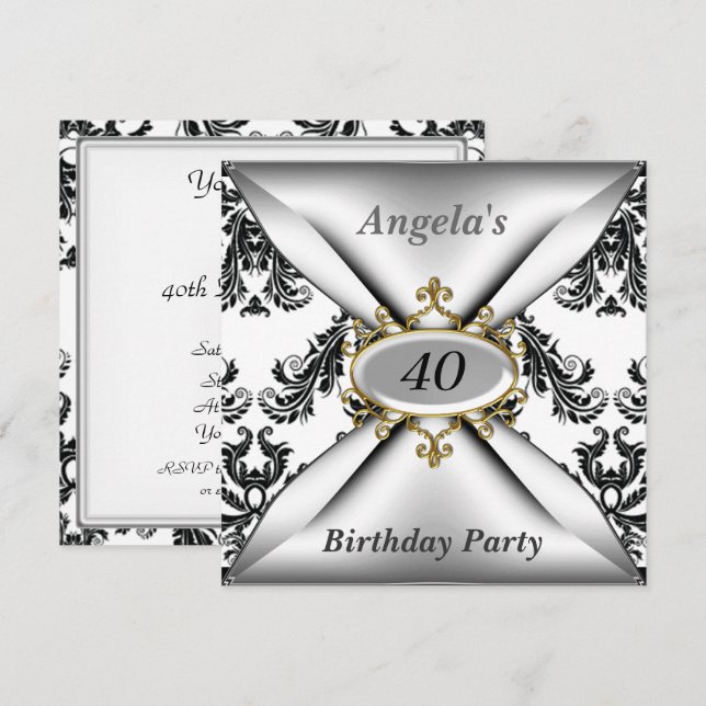 Damask White Birthday Party black white Invitation (Front/Back)