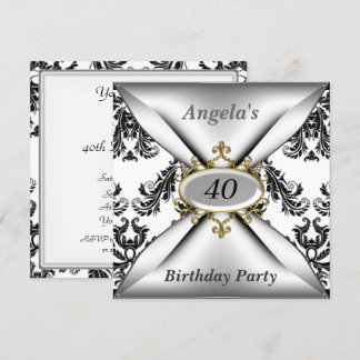 Damask White Birthday Party black white Invitation