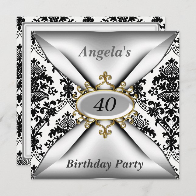 Damask White Birthday Party Celebration Invitation (Front/Back)