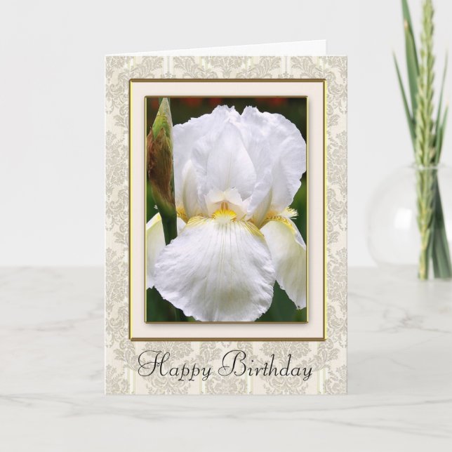 Damask White Iris Happy Birthday Card (Front)