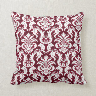 Damask White Metallic Burgundy Bordeaux Red Velvet Throw Pillow