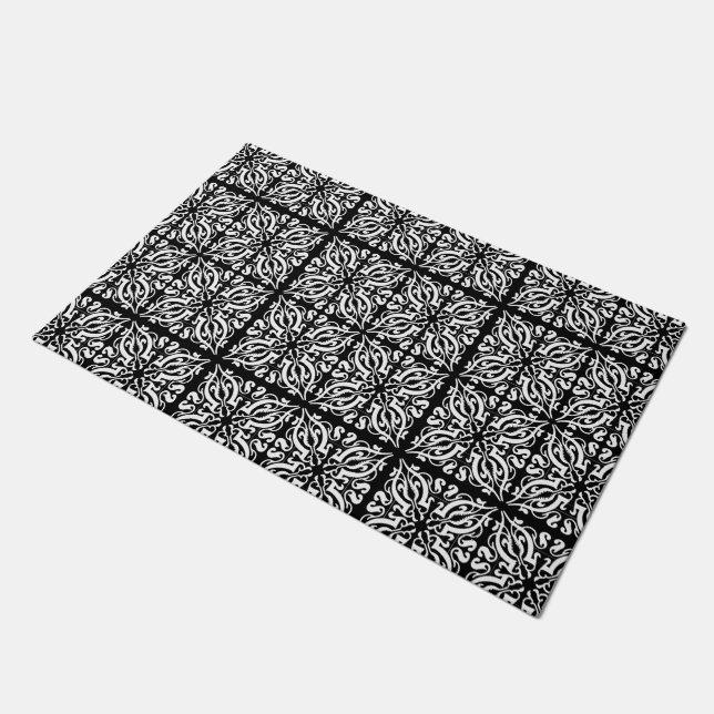 Damask white on black doormat (Angled)