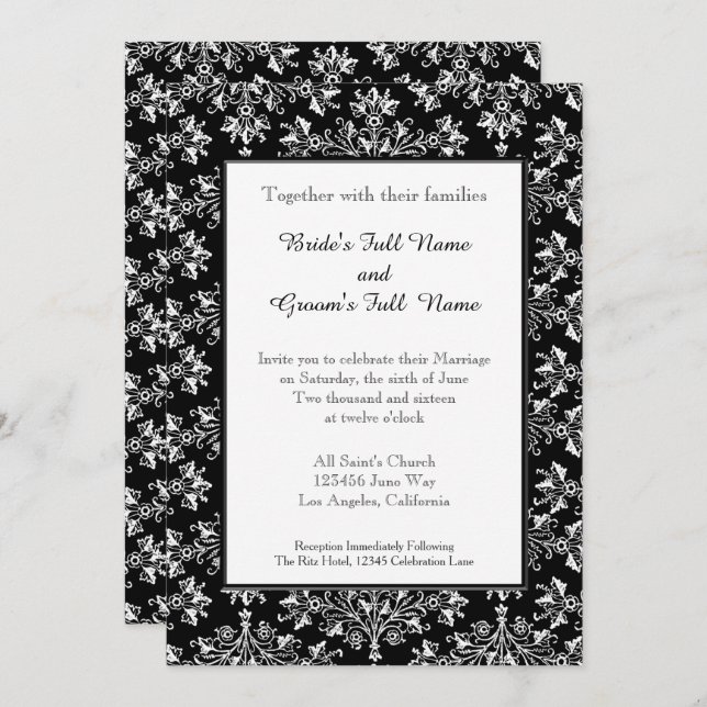 Damask White on Black Editable Wedding Invitation (Front/Back)