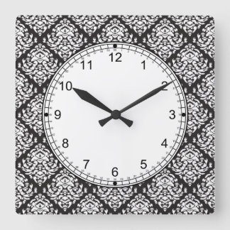 Damask White on Black Square Wall Clock