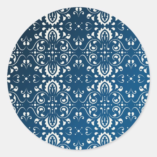 Damask white on blue+black bg classic round sticker (Front)