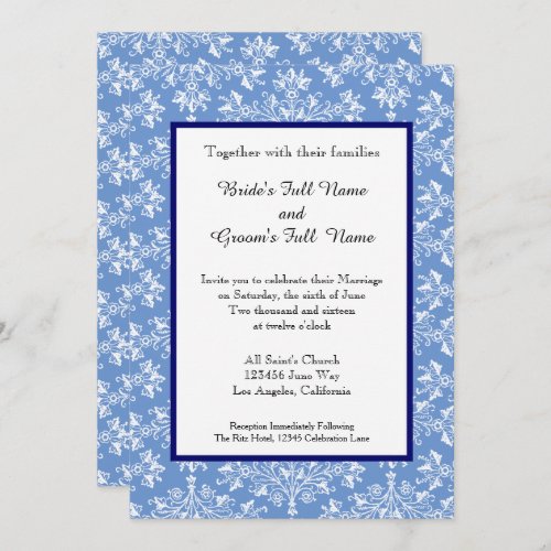Damask White on Cornflower Blue Editable Wedding  Invitation