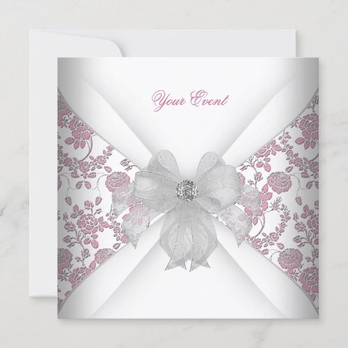 Damask White Pink Floral Jewel Bow Party Announcements