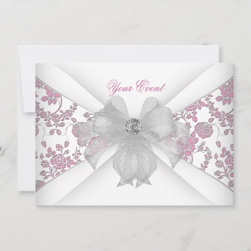 Damask White Pink Floral Jewel Bow Party Invitation
