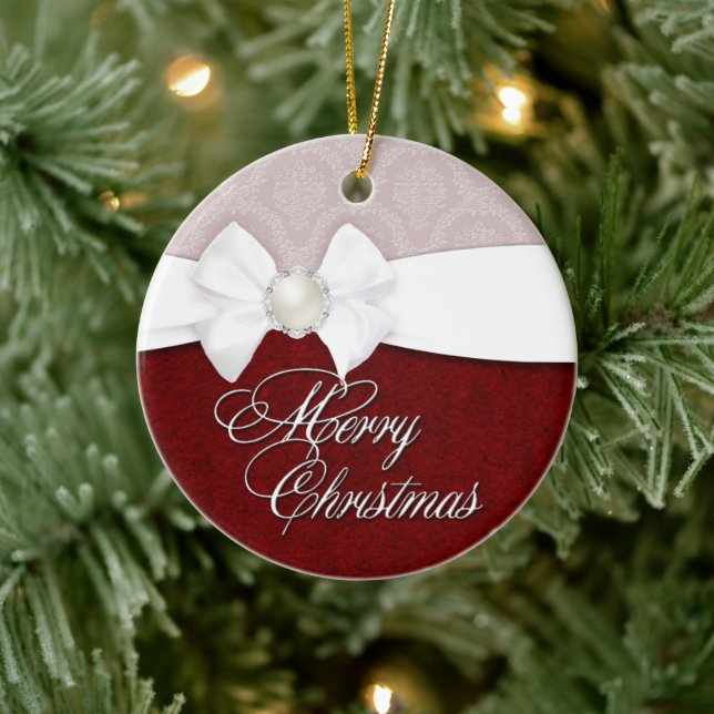 Damask White Satin Merry Christmas Ceramic Ornament (Tree)