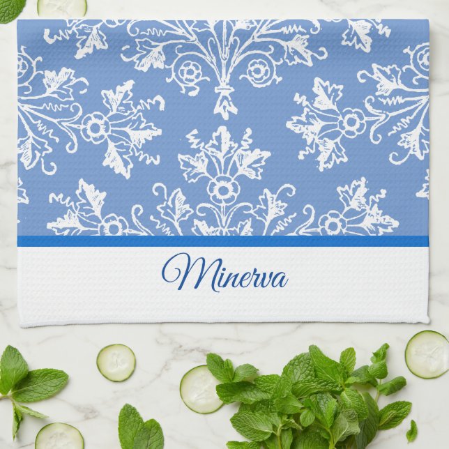 Damask White with Editable Border Kitchen Towel (Folded)