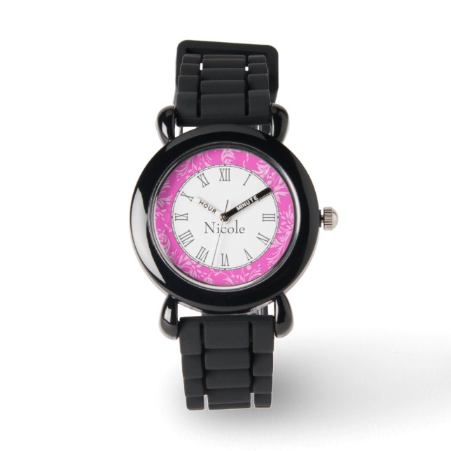 Damask wildflower print pink name wrist watch (Front)
