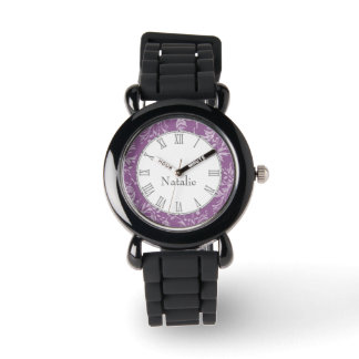 Damask wildflower print purple name wrist watch