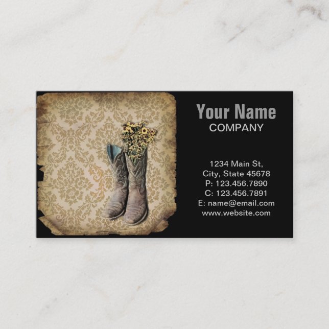Damask wildflower Western country cowboy boots Business Card (Front)
