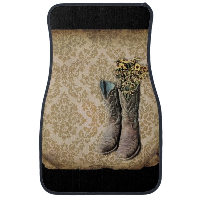 Damask wildflower Western country cowboy boots Car Mat (Front)