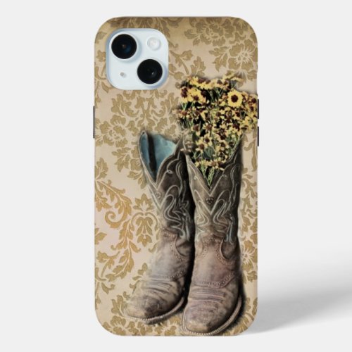 Damask wildflower Western country cowboy boots iPhone 15 Plus Case