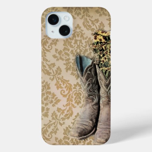 Damask wildflower Western country cowboy boots iPhone 15 Plus Case