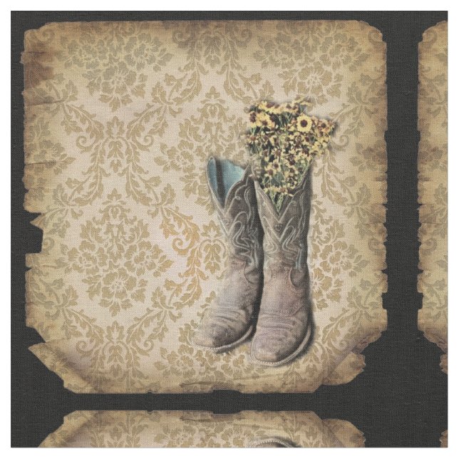 Damask wildflower Western country cowboy boots Fabric (Close Up)