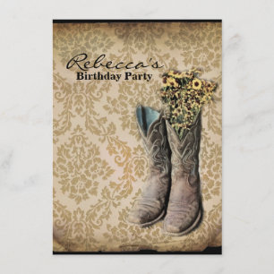 Damask wildflower Western country cowboy boots Invitation