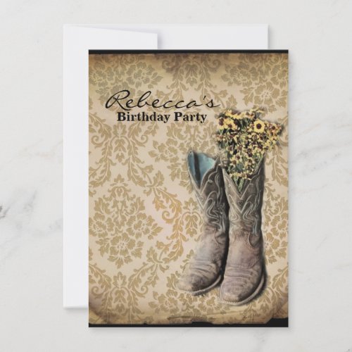 Damask wildflower Western country cowboy boots Invitation