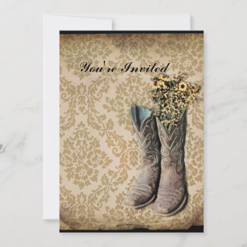 Damask wildflower Western country cowboy boots Invitation