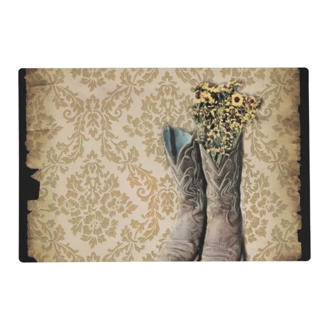 Damask wildflower Western country cowboy boots Placemat (Front)