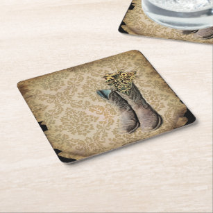 Damask wildflower Western country cowboy boots Square Paper Coaster