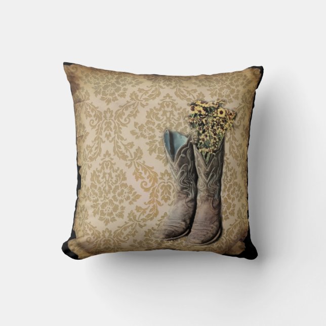 Damask wildflower Western country cowboy boots Throw Pillow (Front)