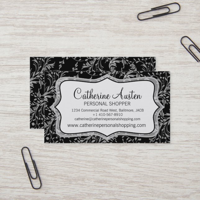 Damask wildflowers everyday black business card (Front/Back In Situ)