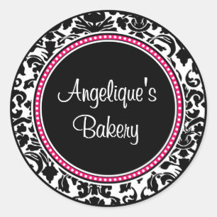 Damask with black center and pink trim classic round sticker