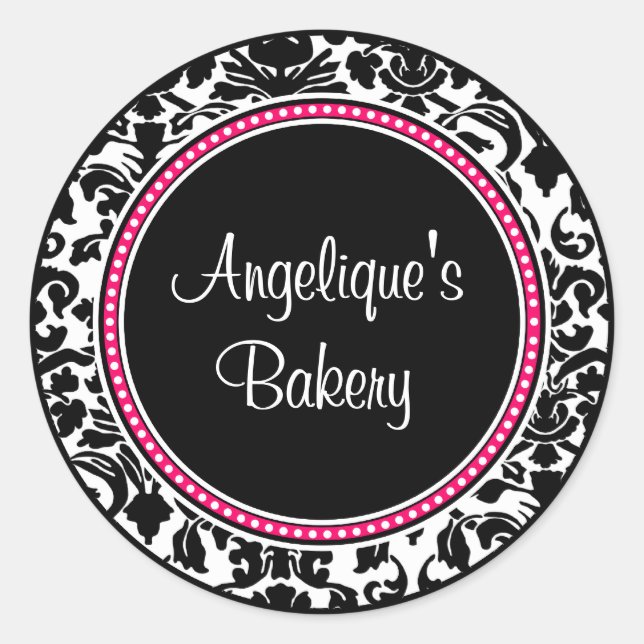 Damask with black center and pink trim classic round sticker (Front)