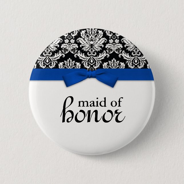 Damask With Blue Bow Maid of Honor Button (Front)