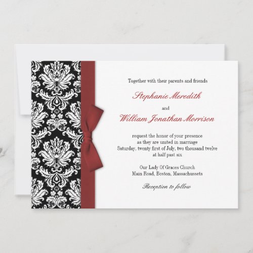 Damask With Burgundy Bow Wedding Invitation