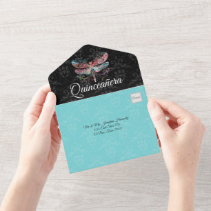 Damask with Dragonfly Quinceañera All In One Invit Invitation