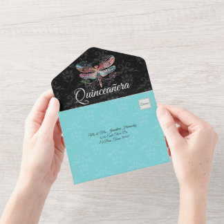Damask with Dragonfly Quinceañera All In One Invit Invitation