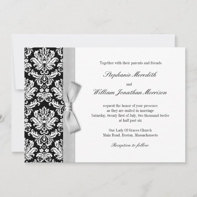 Damask With Gray Silver Bow Wedding Invitation (Front)