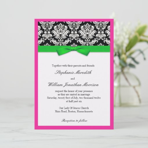 Damask With Green and Pink Wedding Invitation | Zazzle