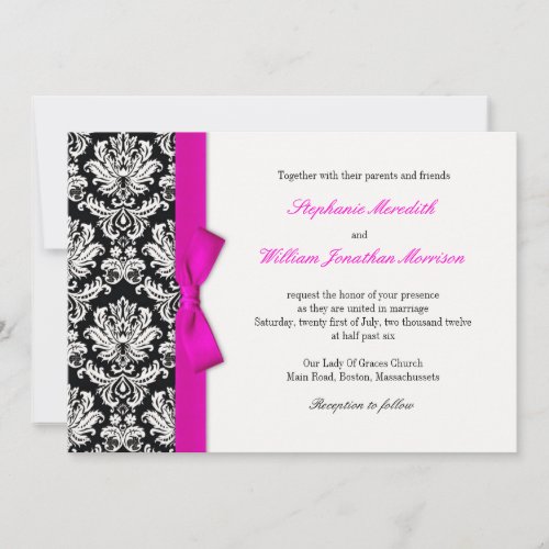 Damask With Hot Pink Bow Wedding Invitation