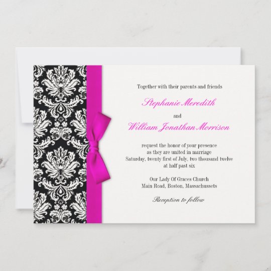 Damask With Hot Pink Bow Wedding Invitation | Zazzle.com