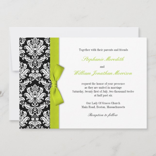 Damask With Lime Bow Wedding Invitation (Front)