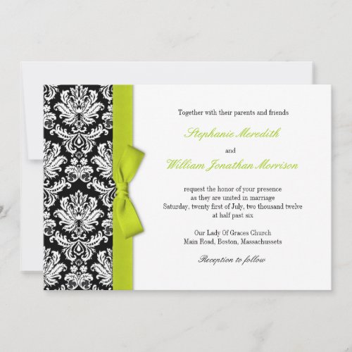 Damask With Lime Bow Wedding Invitation