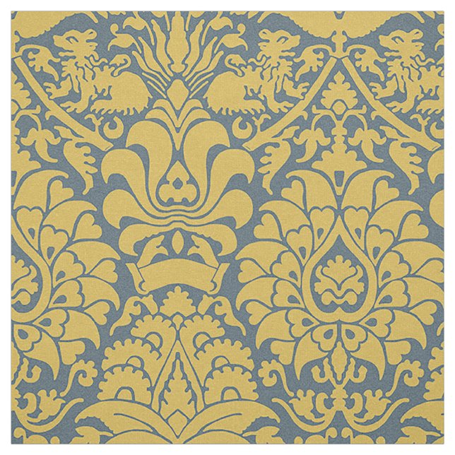 Damask with Lions, Mustard on Navy Blue Fabric (Swatch)