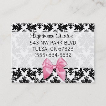 Damask With Pink Bow Business Card by marlanaleigh at Zazzle