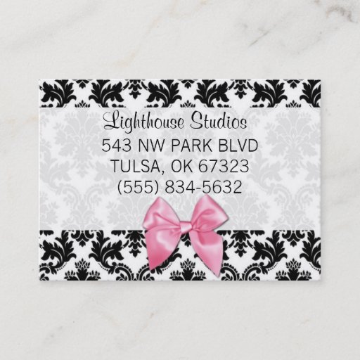 Customizable Damask with Pink Bow Business Card