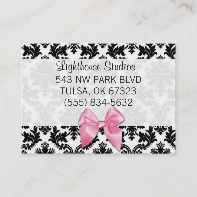 Damask with Pink Bow Business Card (Front)