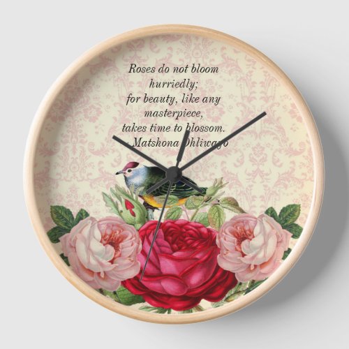 Damask with Pink Red Roses Wall Clock