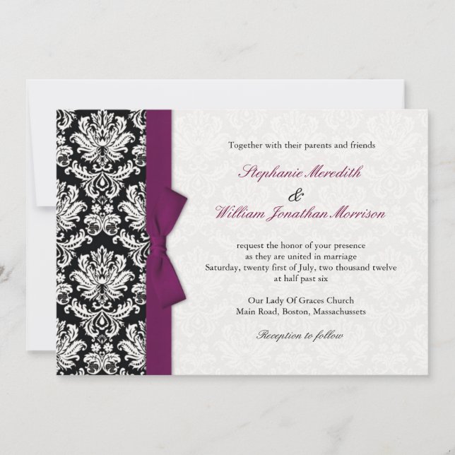 Damask With Plum Bow Wedding Invitation (Front)